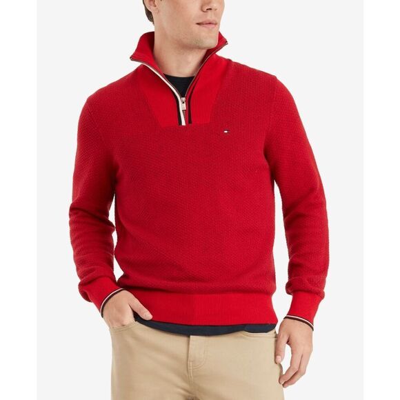 Tommy Hilfiger Men's Manhattan Quarter Zip Sweater - Red M - Picture 1 of 5